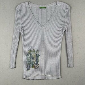 Catherine Andre Shirt Women's M Gray Floral Ribbed 3/4 Sleeve V Neck Viscose